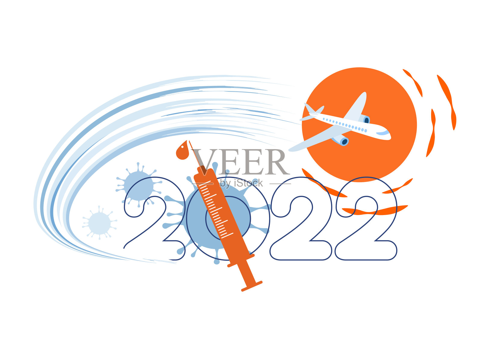 2022年标志设计。2022号设计模板。收集2022年新春符号、新冠疫苗、飞机、阳光、旅行、旅行。矢量插图与黑色标签孤立在白色背景上。插画图片素材