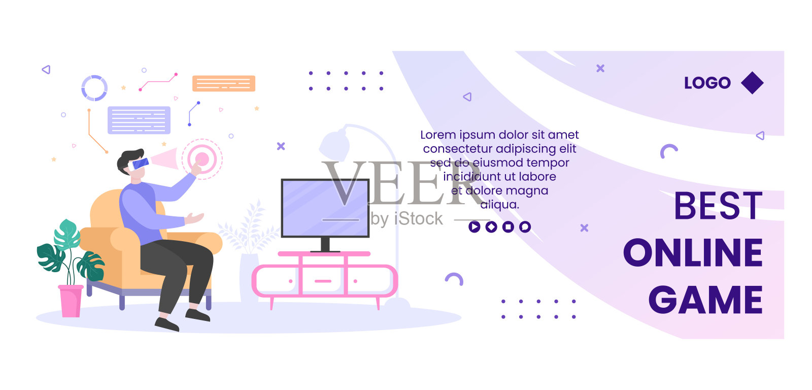 VR眼镜与虚拟现实游戏封面模板平面设计插图编辑广场背景的社交媒体，贺卡或网络插画图片素材