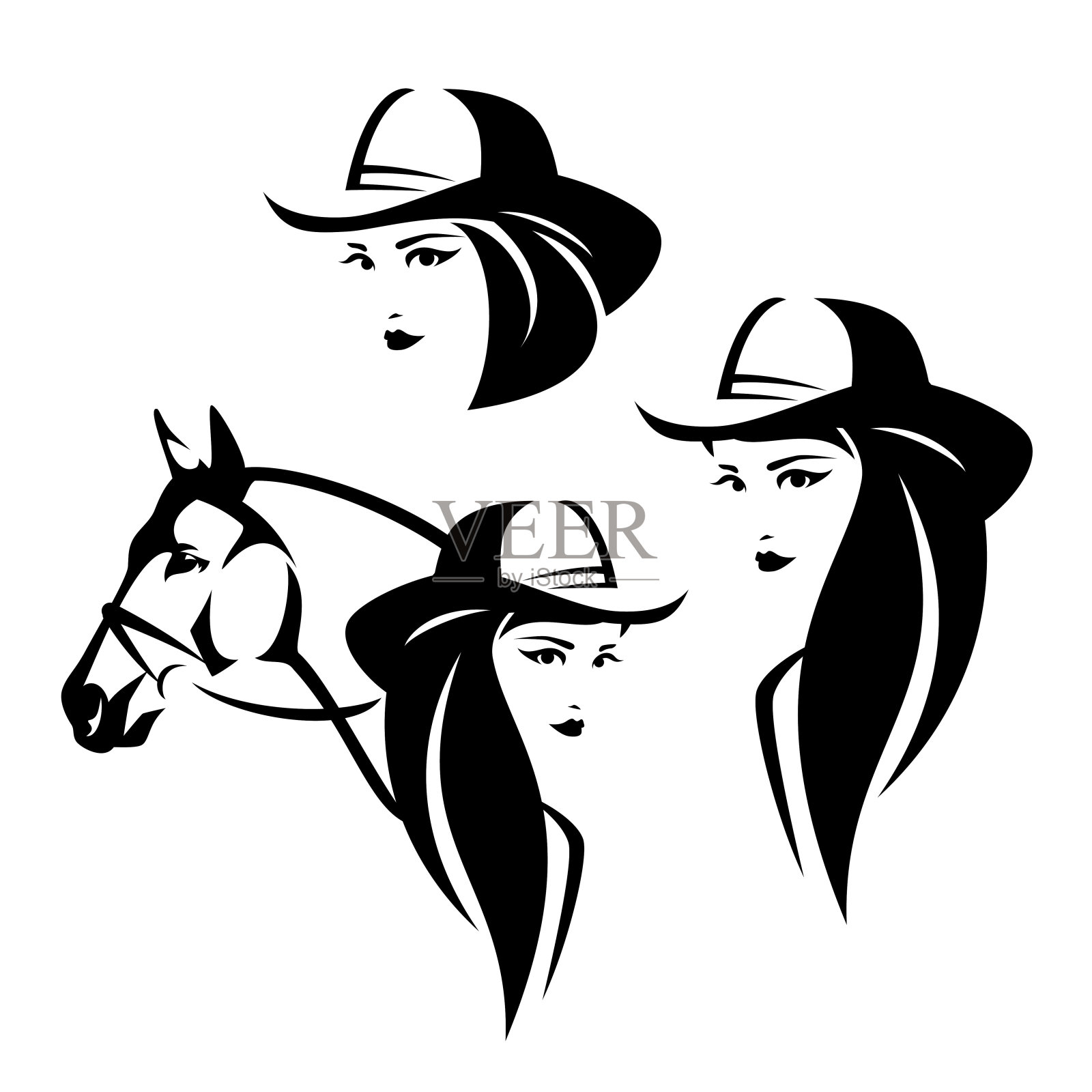 女牛仔和驯马头黑白矢量轮廓插画图片素材