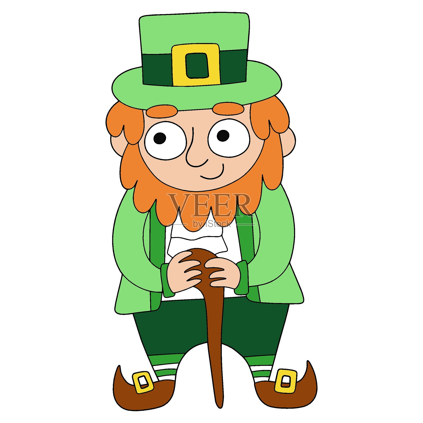 有趣的手绘卡通爱尔兰小妖精与shillelagh孤立在白色矢量插图插画图片素材