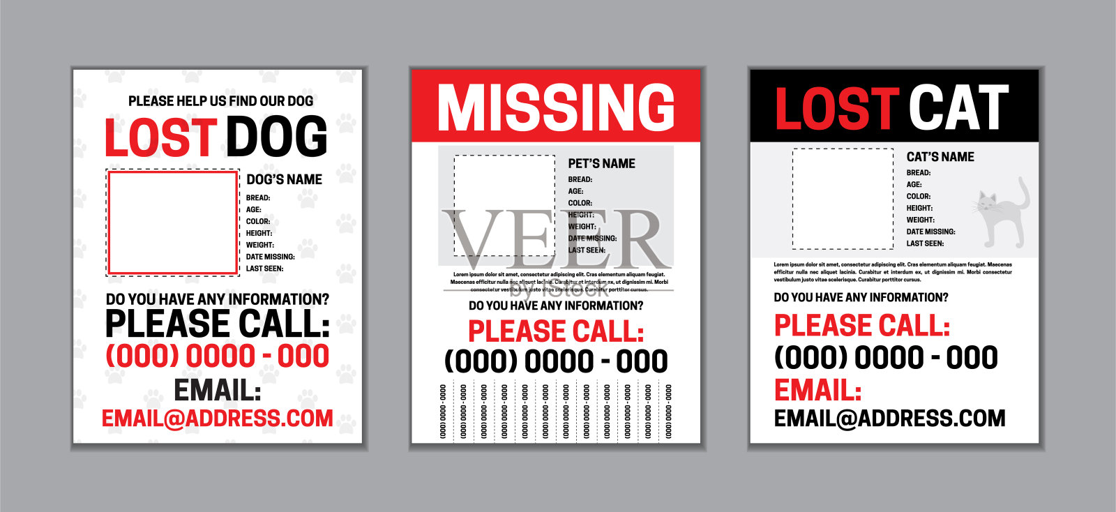 丢失或丢失的宠物页面模板设置与狗和猫的设计插画图片素材
