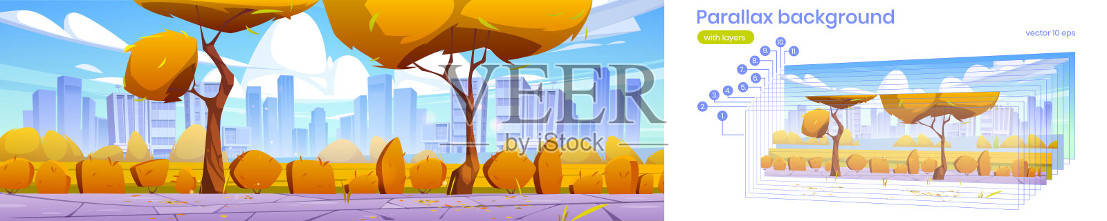 视差背景的秋季城市天际线，城市景观插画图片素材