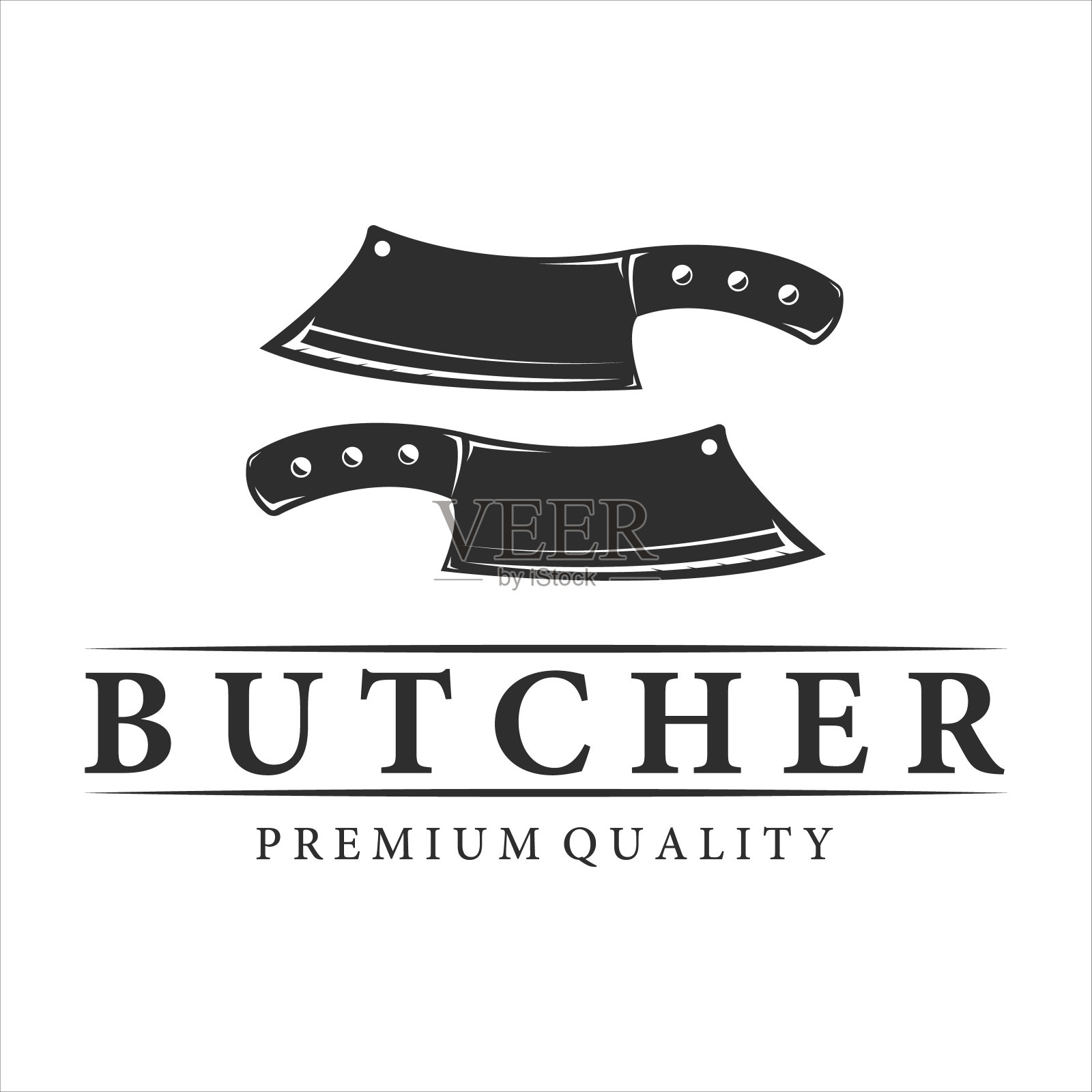 屠夫标志复古矢量插图模板设计。复古肉店标签概念与两把刀插画图片素材