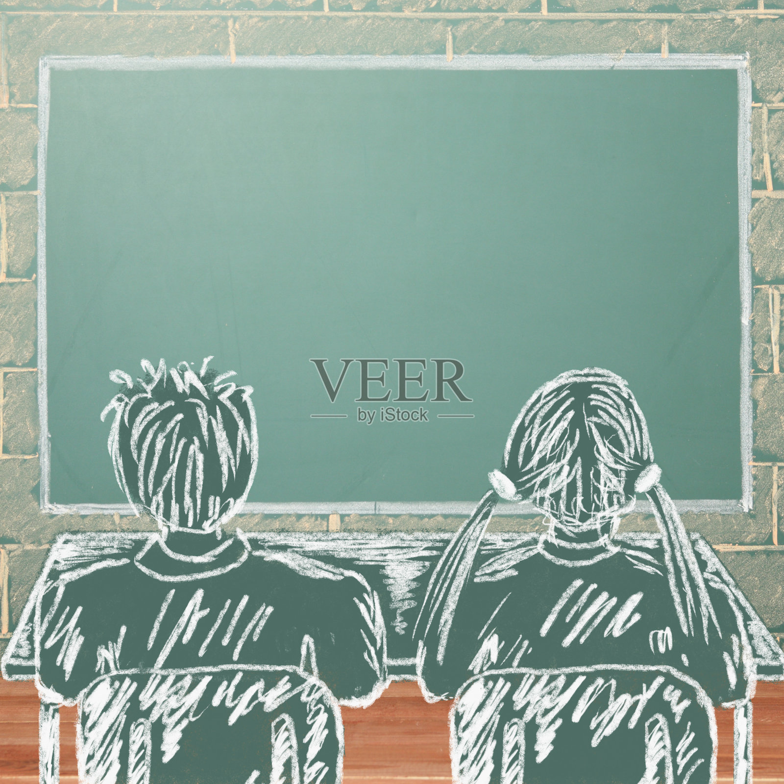 女孩和男孩站在显示器或黑板前插画图片素材