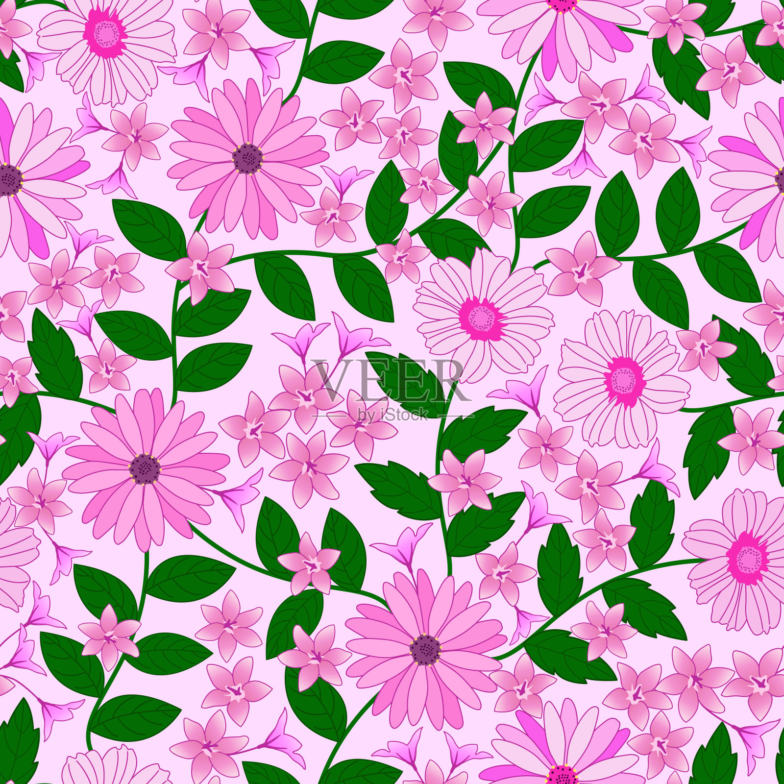 粉红色花园无缝图案。插画图片素材