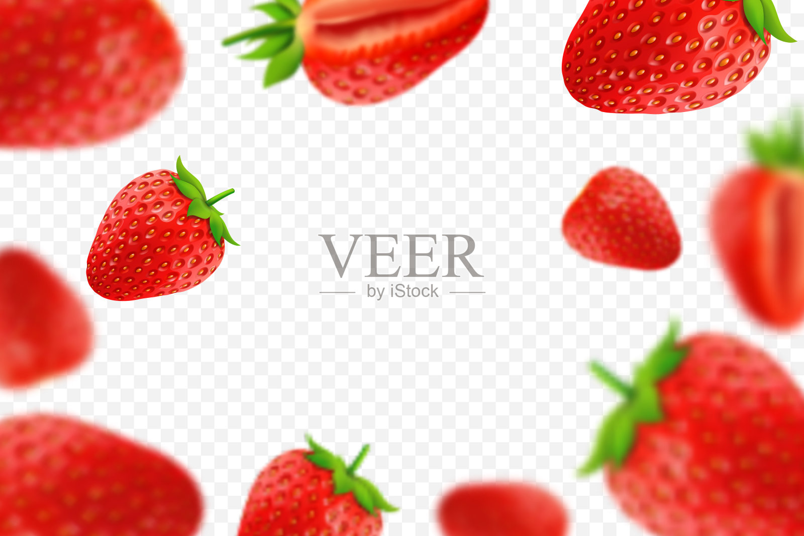 掉落多汁的成熟草莓与绿色的叶子孤立在透明的背景上。飞散焦的草莓。适用于果汁广告。矢量3d逼真的插图。插画图片素材