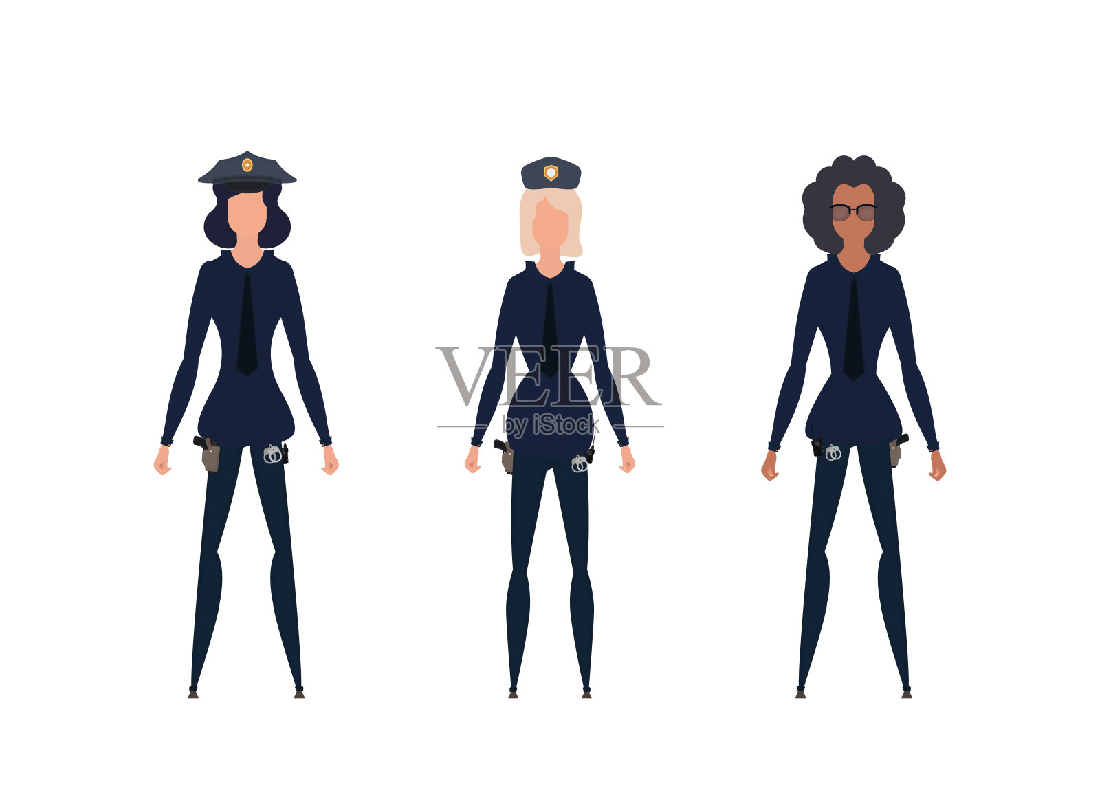 穿制服的漂亮女孩警官。矢量插图。孤立的白色背景。插画图片素材