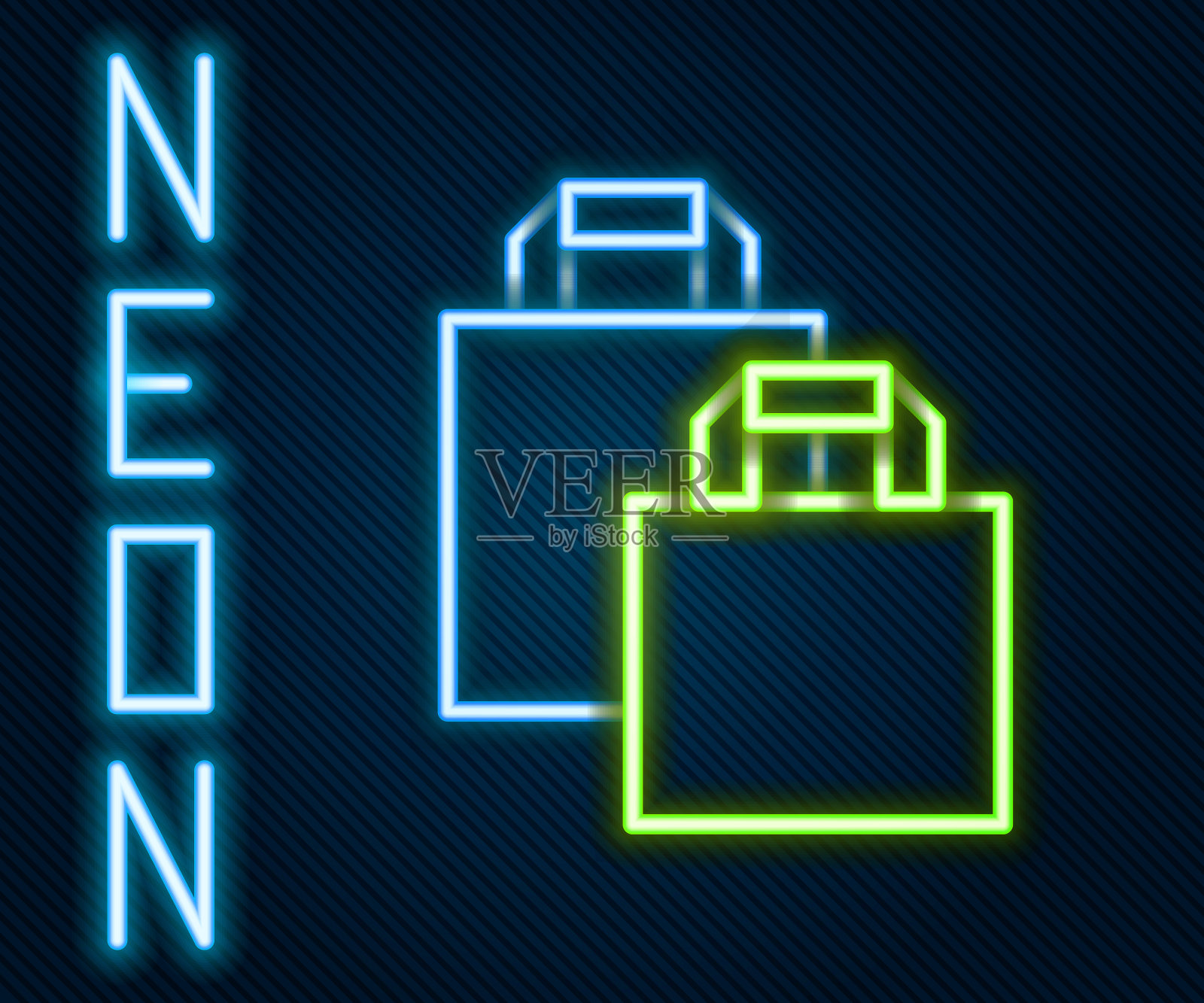 发光的霓虹灯线纸购物袋图标孤立在黑色背景。包的迹象。色彩斑斓的轮廓的概念。向量插画图片素材