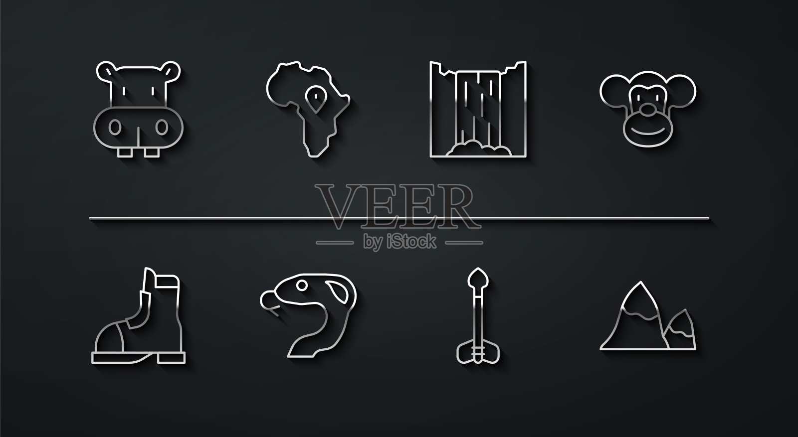 设置线河马或河马，猎人靴子，猴子，箭，蛇，非洲的地图，山脉和瀑布图标。向量图标素材