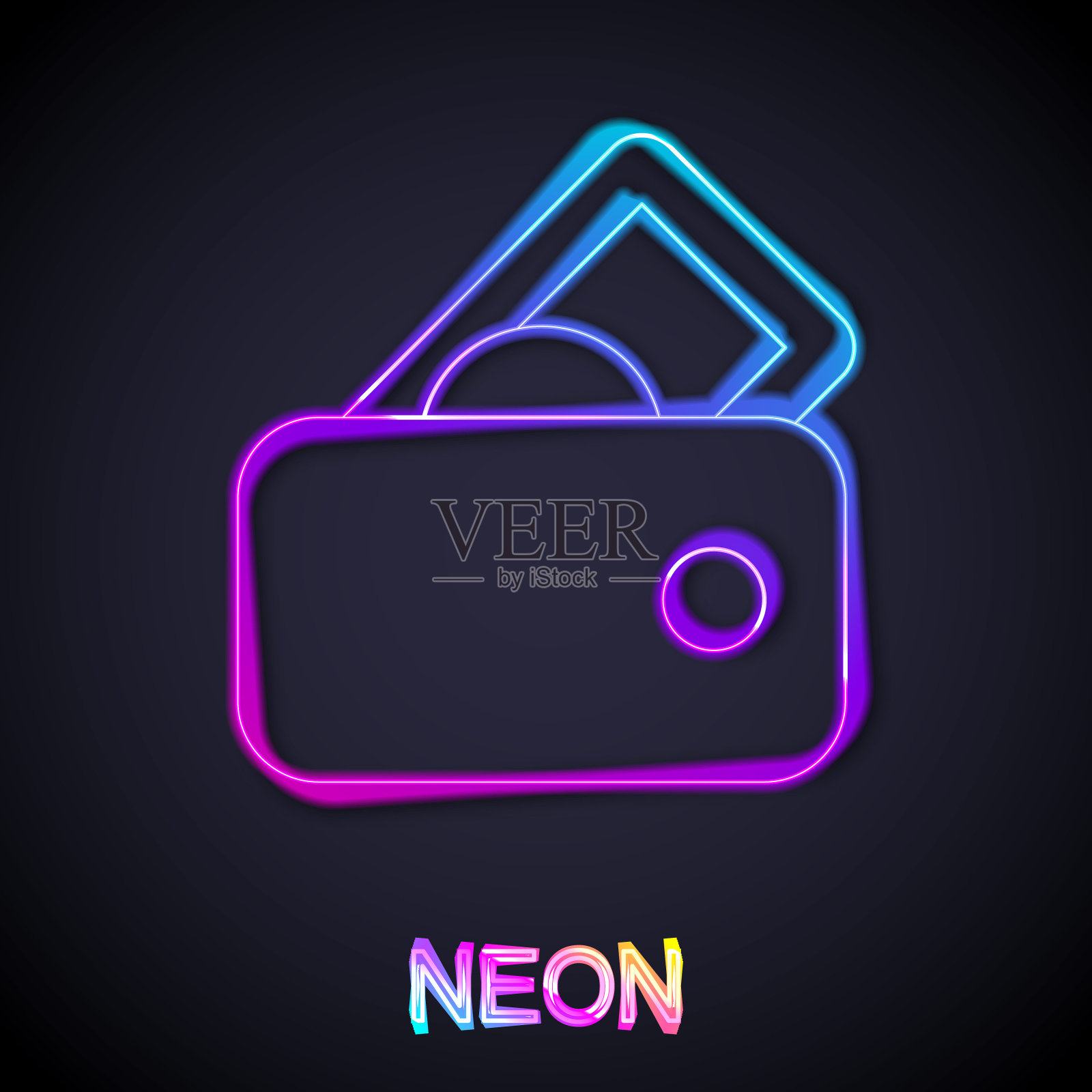 发光的霓虹灯线钱包与金钱图标孤立在黑色背景。钱包图标。现金储蓄的象征。向量插画图片素材