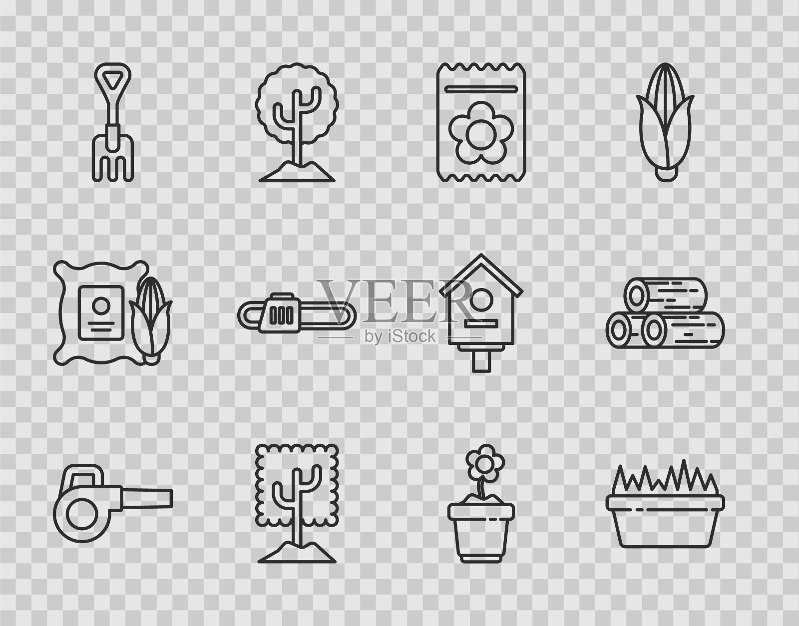 设置线叶片花园鼓风机，新鲜的草在矩形，包装充满植物的种子，树，花园耙子，电锯，花盆和木制原木图标。向量图标素材