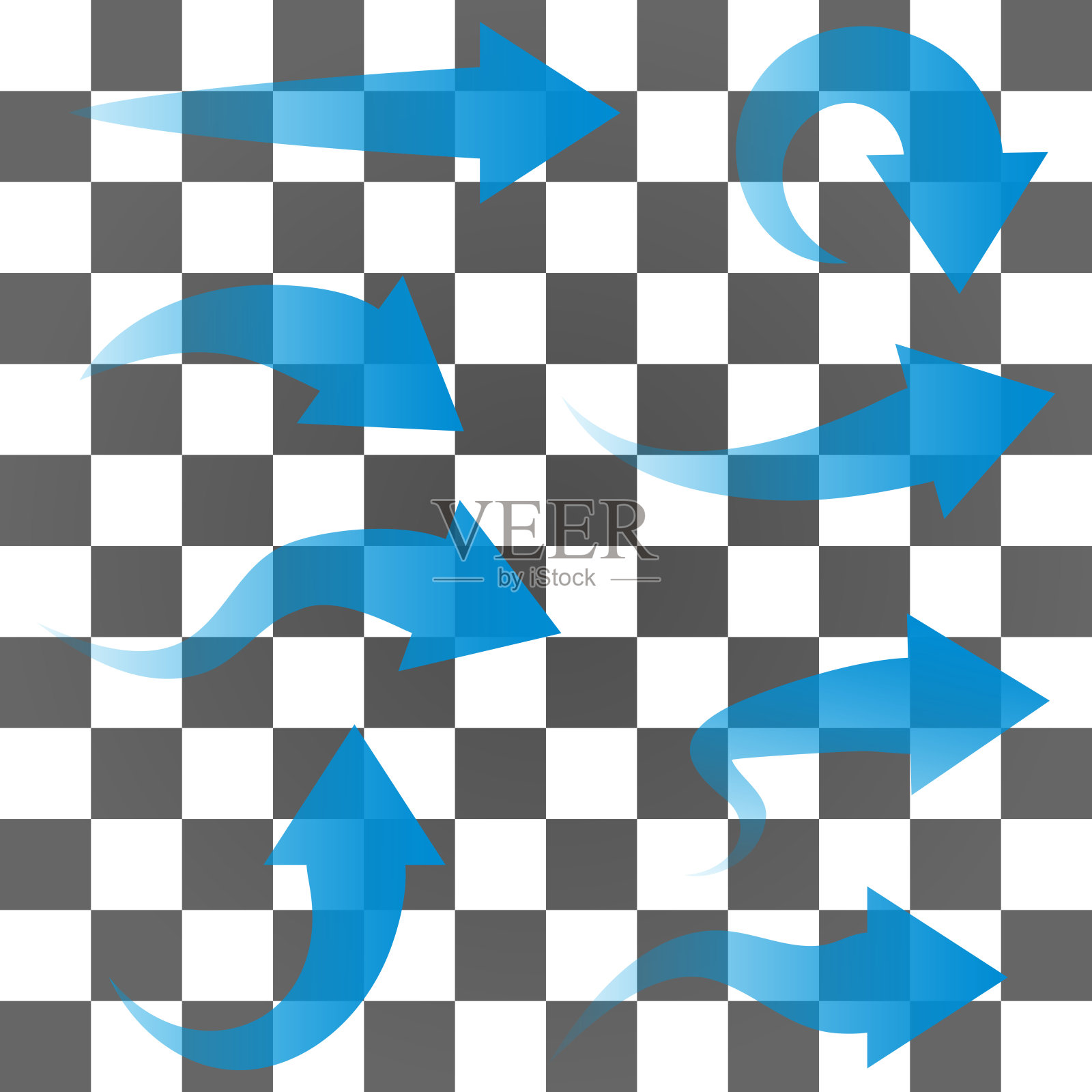 一组蓝色箭头。空气流通干净、新鲜。收集透明的方向箭头。向量设计元素图片