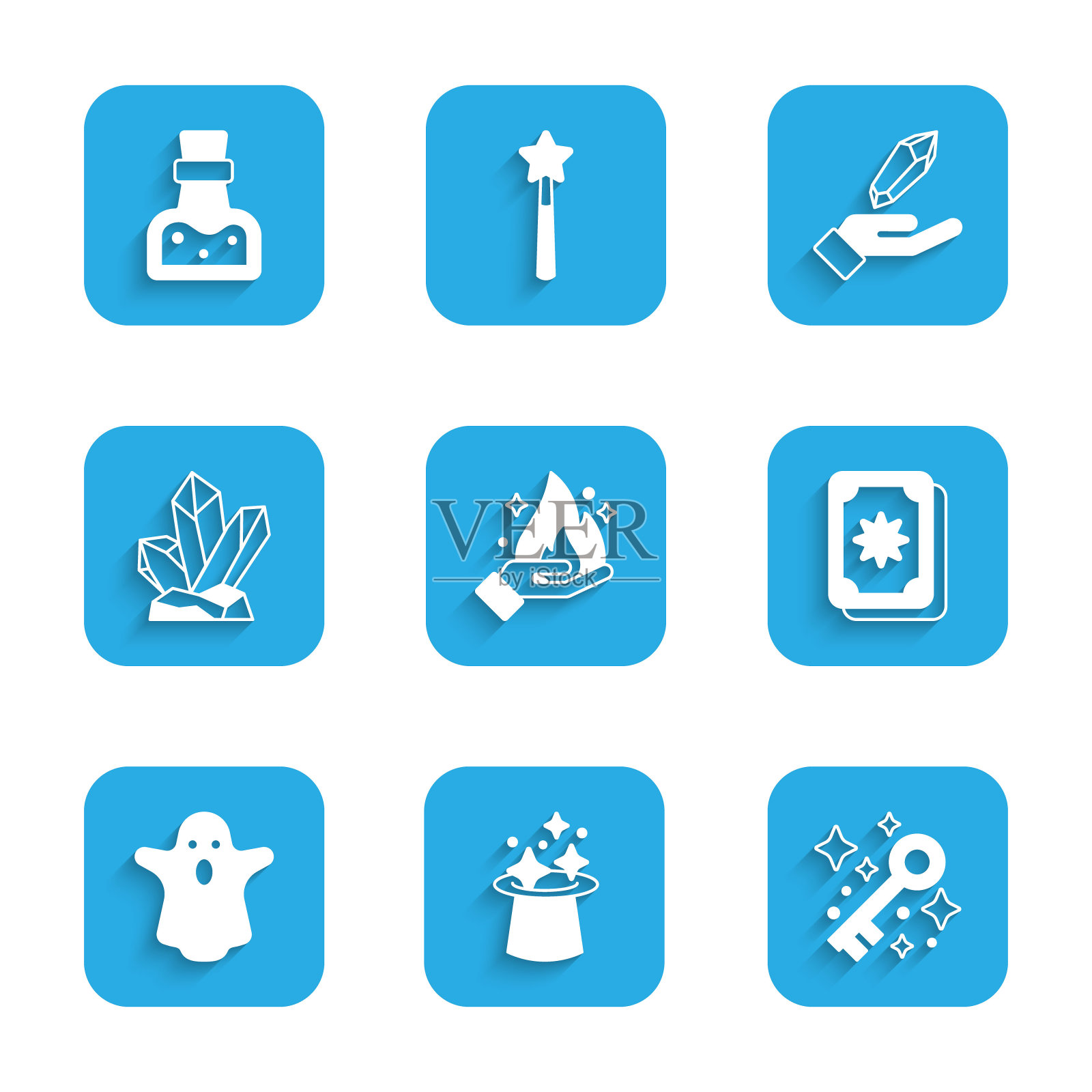 设置手握火，魔法帽，古老的魔法钥匙，塔罗牌，幽灵，石头，瓶子和药水图标。向量图标素材