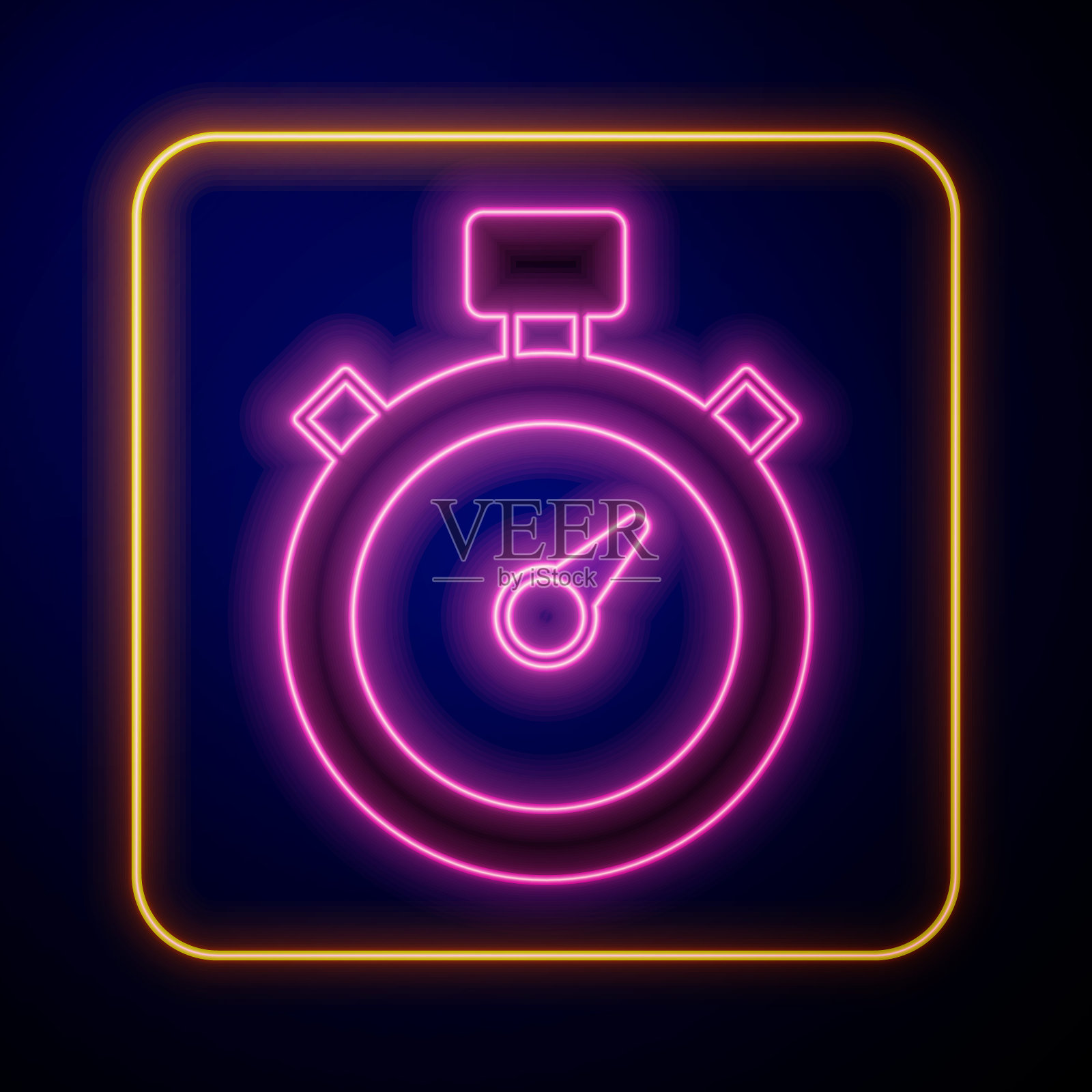 发光的霓虹灯秒表图标，隔离在黑色背景上。时间计时器标志。计时器标志。矢量图插画图片素材