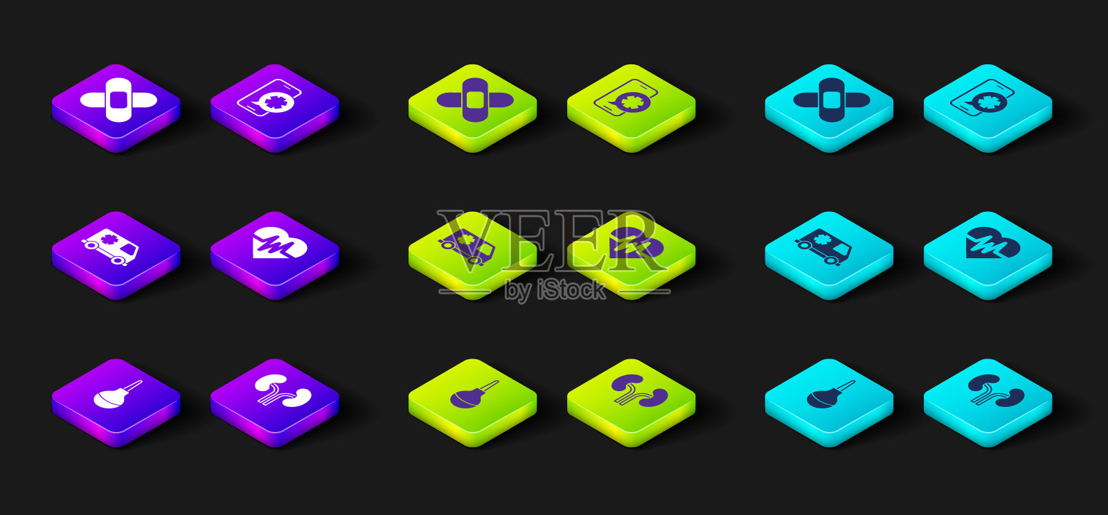 设置灌肠、人体肾脏、急救车、心率、电话和交叉绷带图标。向量图标素材