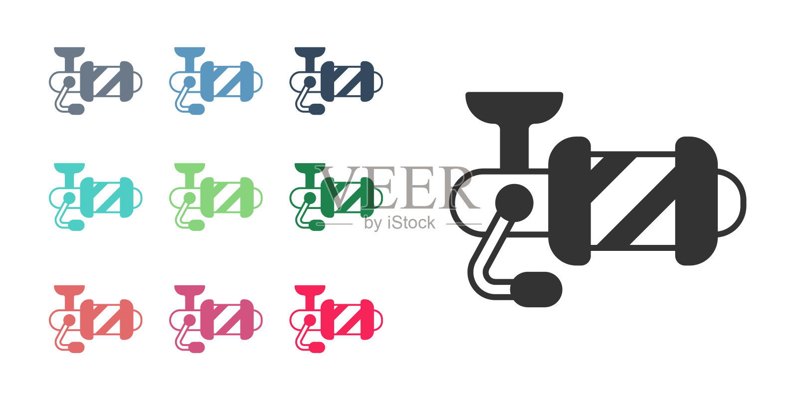 黑色纺纱机的钓鱼图标孤立在白色背景。钓鱼线圈。渔具。设置图标丰富多彩。向量插画图片素材