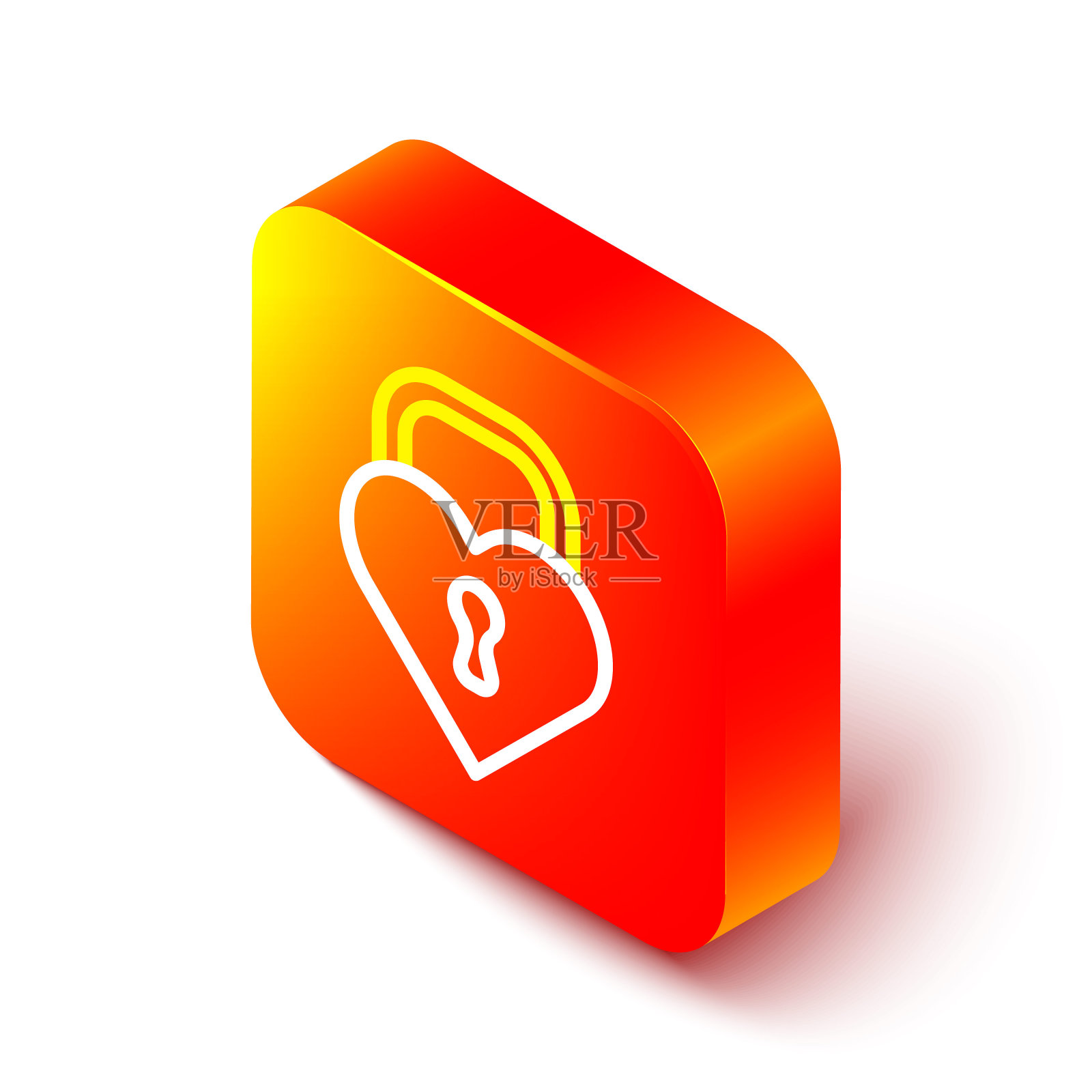 城堡的等距线在一个心形的图标孤立在白色背景上。锁心。爱情符号和钥匙孔符号。情人节快乐。橙色平方按钮。向量插画图片素材