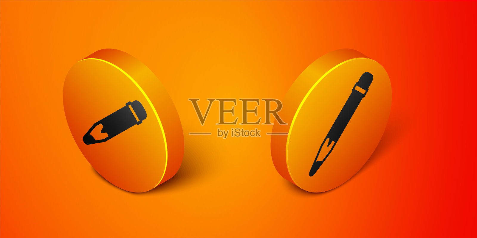 与橡皮擦图标隔离在橙色背景上的等距铅笔。绘画和教育工具。学校办公室的象征。橙色圆按钮。向量图标素材