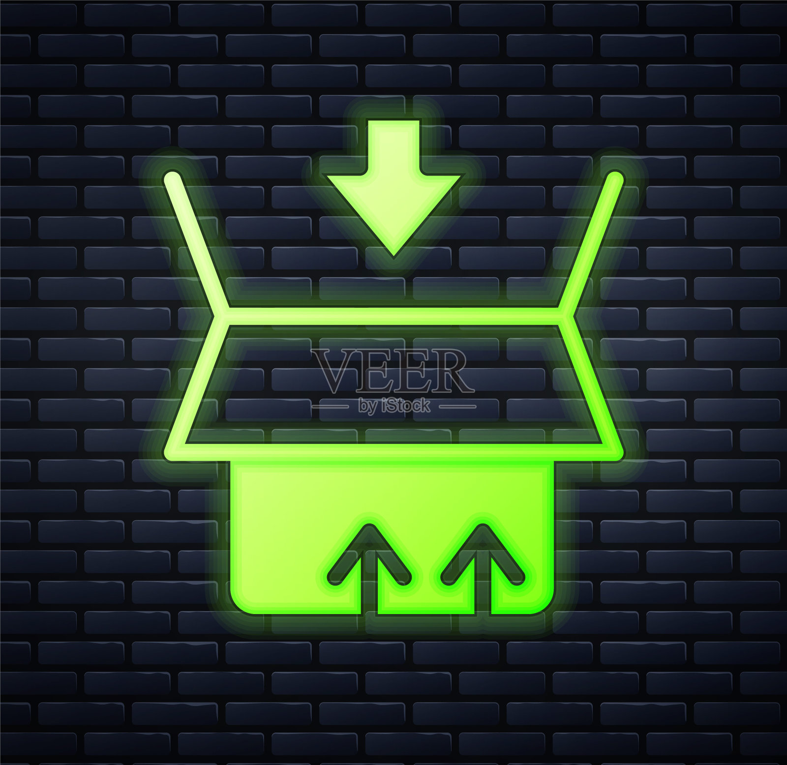 发光的霓虹灯纸箱纸箱图标孤立在砖墙背景。盒子，包裹，包裹标志。交付和包装。向量插画图片素材