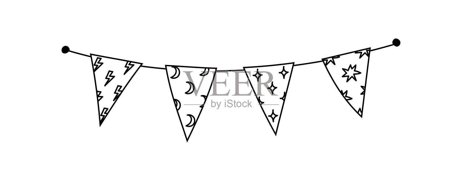 用不同图案的三角形旗帜做成的花环。涂鸦有闪电、新月和星星的旗帜。黑色对白色矢量插图的旗帜上的字符串孤立的轮廓。插画图片素材