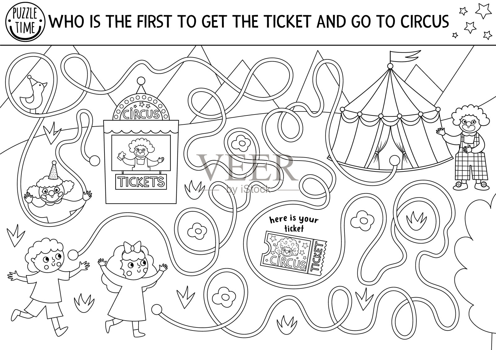 黑白相间的马戏团迷宫给孩子们，男孩，女孩，票。娱乐表演线幼儿园印刷活动与小丑，字幕。娱乐比赛迷宫着色页插画图片素材