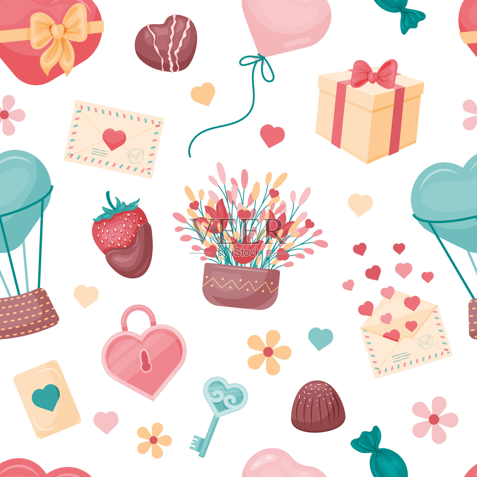 可爱浪漫的无缝模式。卡通风格。矢量插图。无尽的情人节质感。插画图片素材