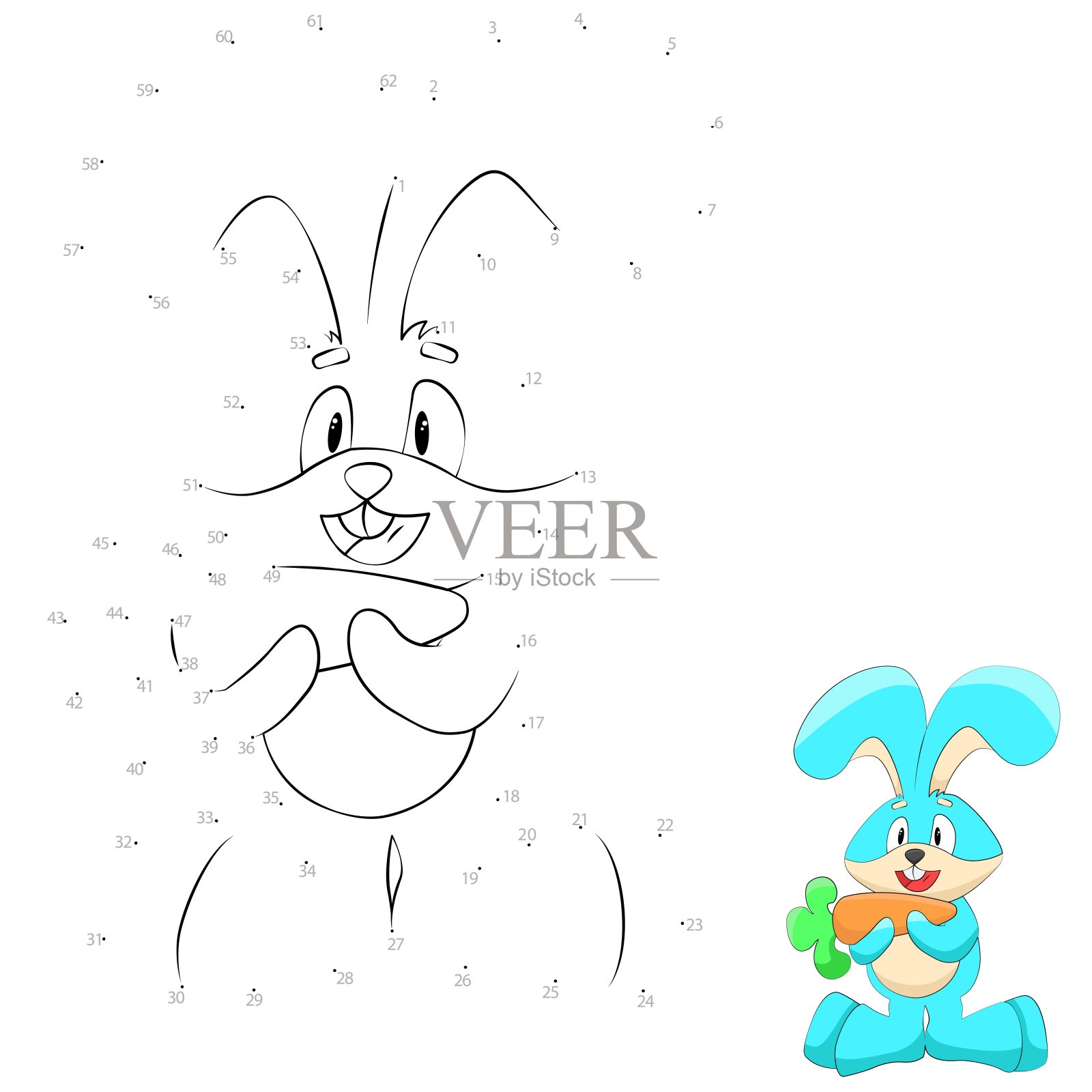 点对点的游戏。画一条线。可爱的兔子拿着胡萝卜。插画图片素材