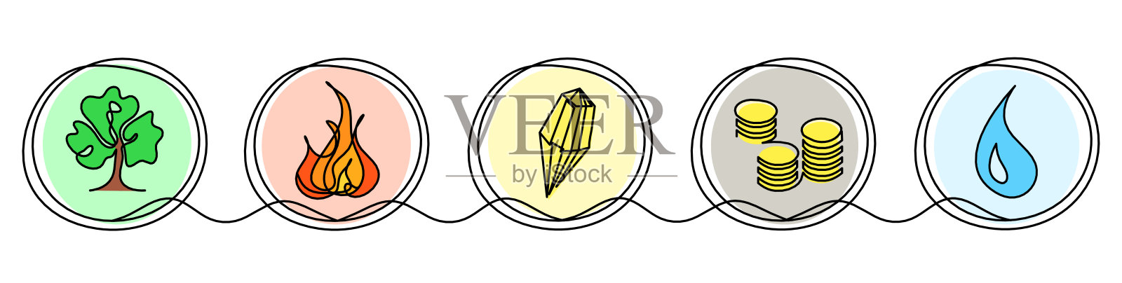 摘要:在白色的背景上，以风水中宇宙的五色元素(木、火、土、金、水)为线条绘制插画图片素材