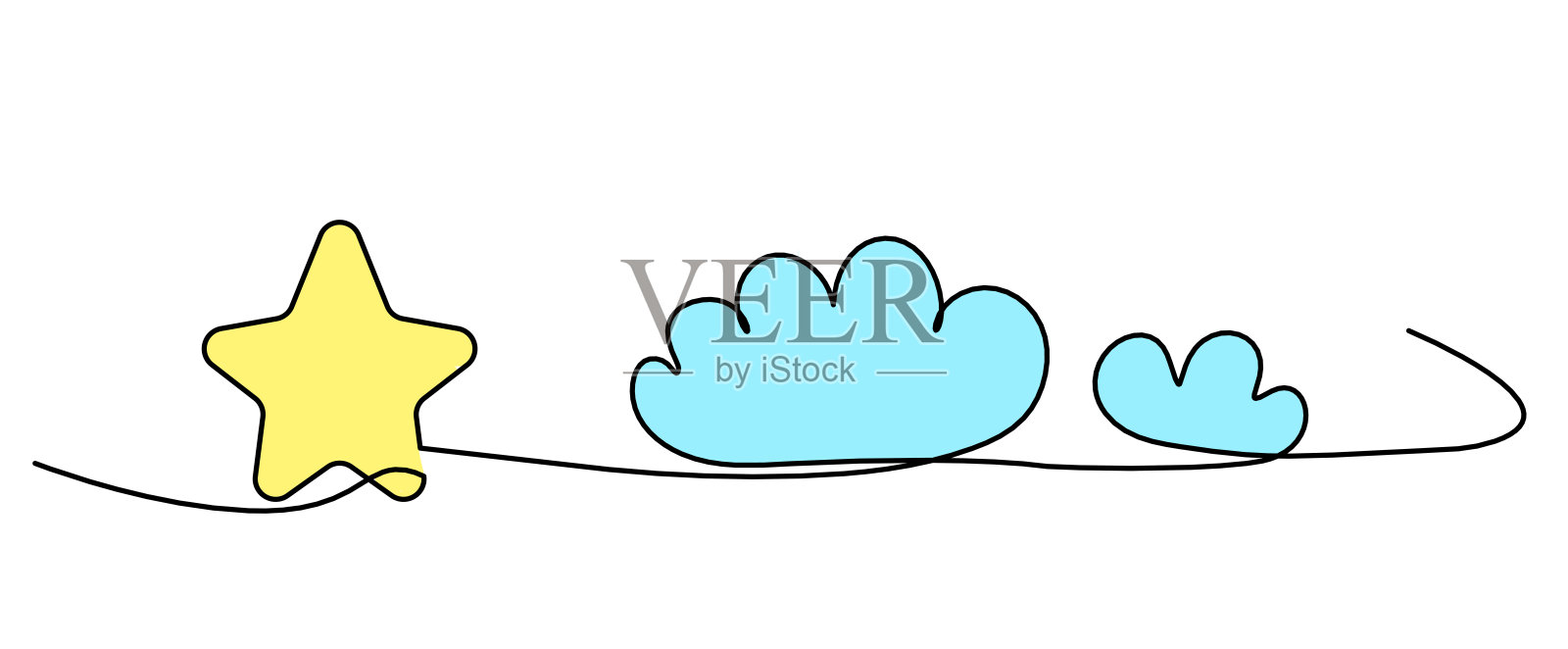 抽象的彩色星与云作为线画在白色背景上插画图片素材