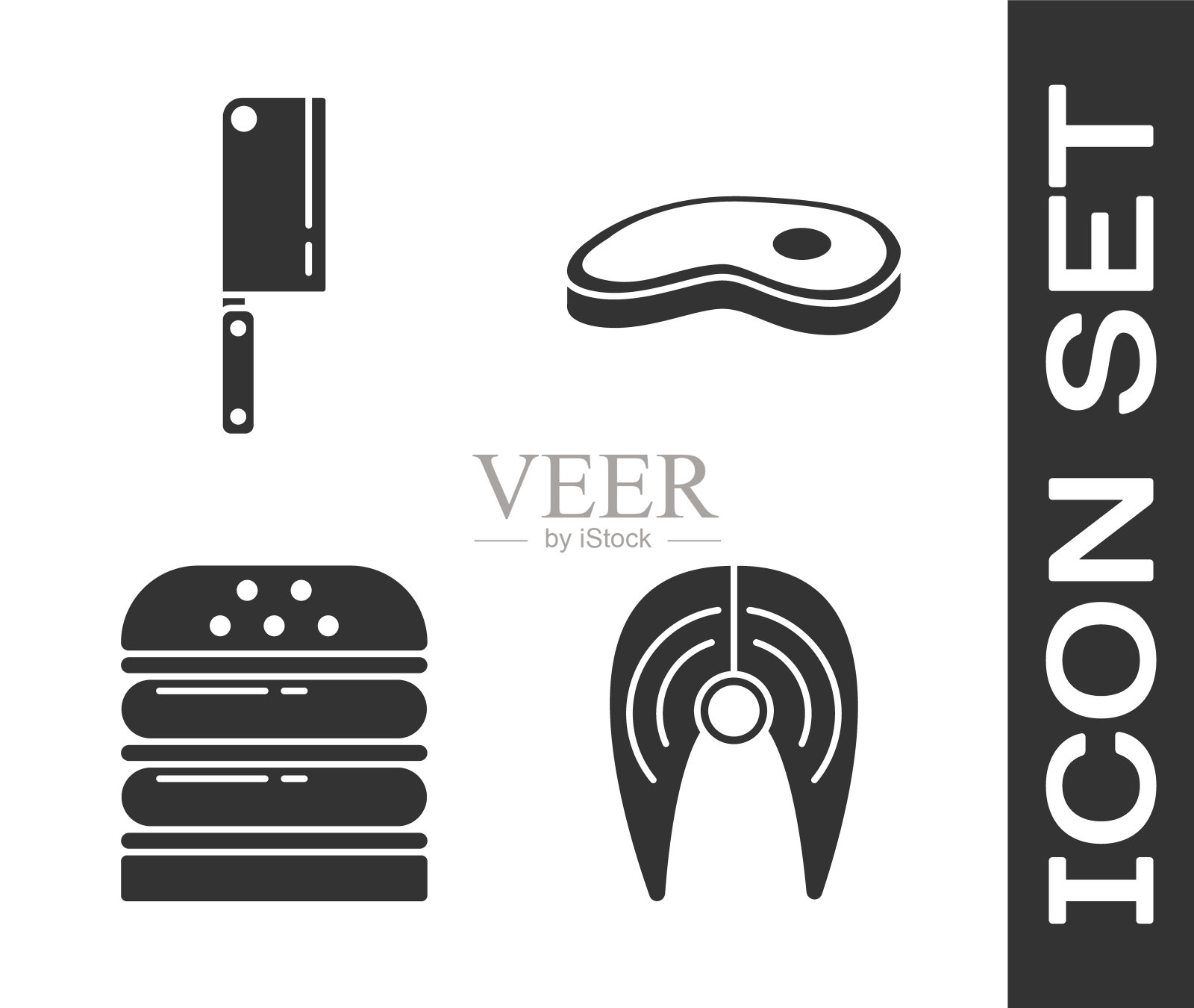 设置鱼牛排，肉菜刀，汉堡和牛排肉图标。向量图标素材