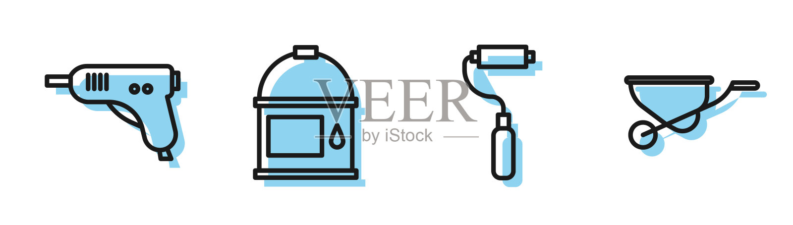 设置线漆辊刷、电热胶枪、油漆桶、手推车图标。向量插画图片素材
