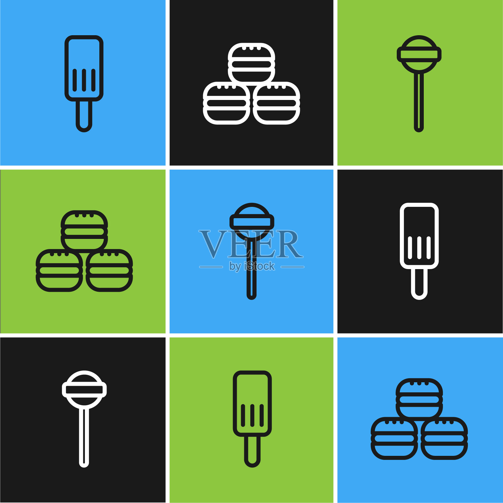 设置行冰淇淋，棒棒糖和马卡龙饼干图标。向量插画图片素材