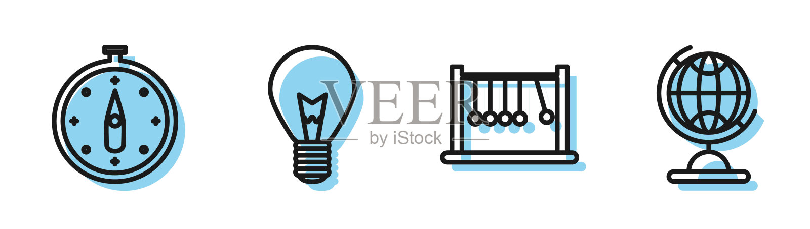 设置线摆，指南针，灯泡与概念的想法和地球仪图标。向量插画图片素材
