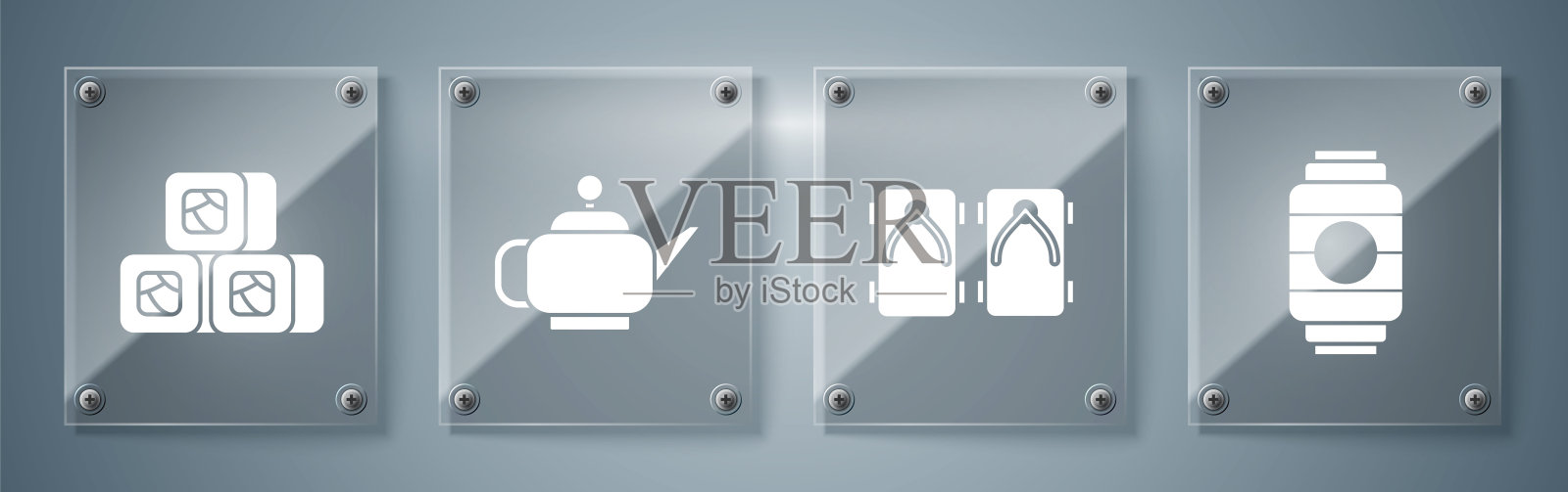 设置日本纸灯笼，日本传统鞋，日本茶道和寿司。方形玻璃面板。向量插画图片素材