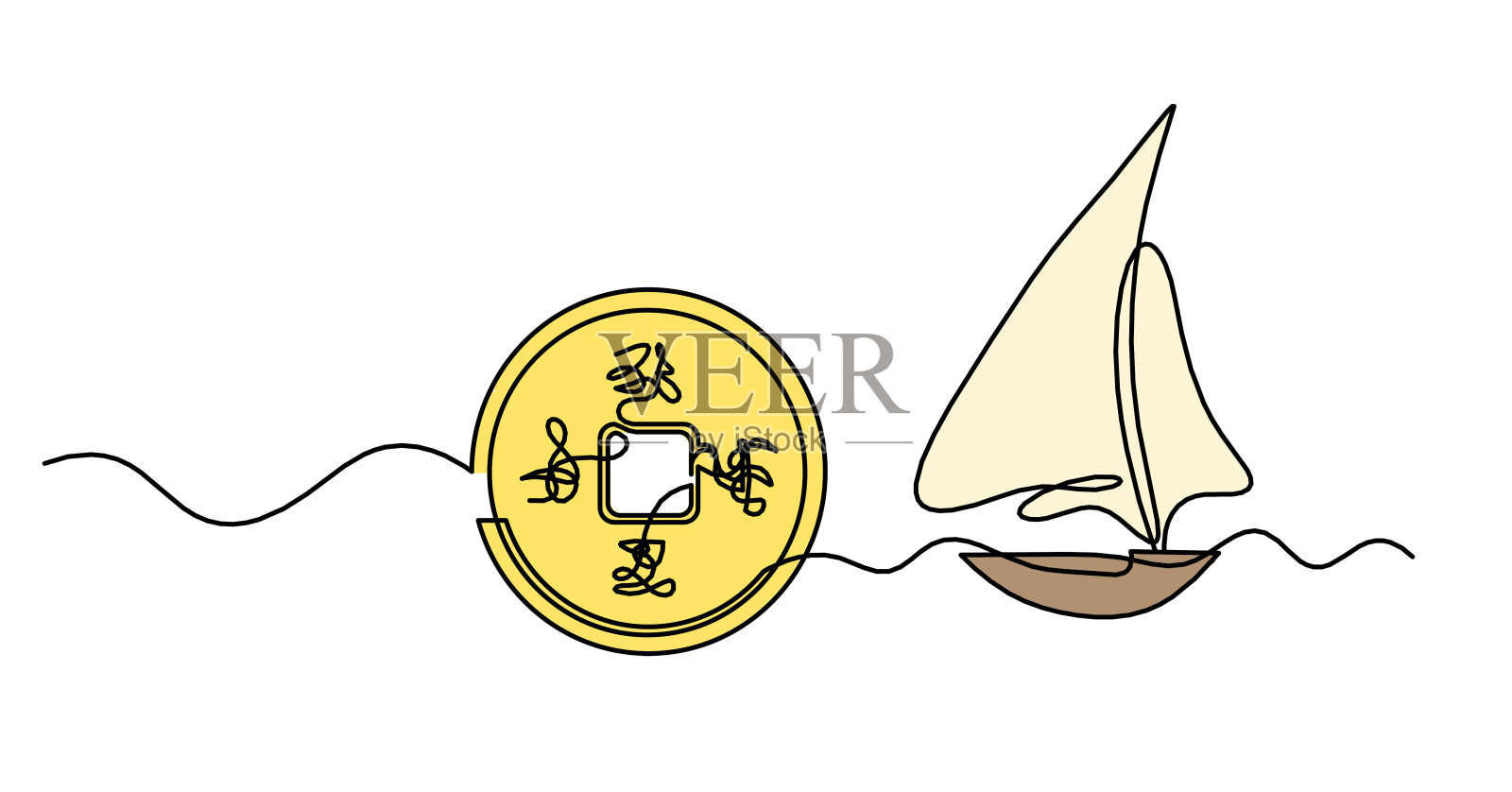 抽象的彩色中国钱币，用抽象的涂鸦象形文字和船作为连续的线条在白色的背景上画插画图片素材