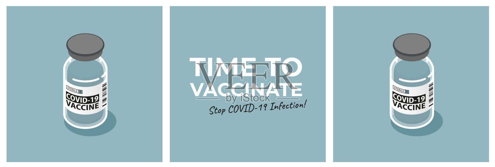 冠状病毒疫苗瓶接种时间载体插图。等距3d药瓶蓝色背景，卫生保健，疫苗接种和免疫概念。停止covid-19感染!插画图片素材