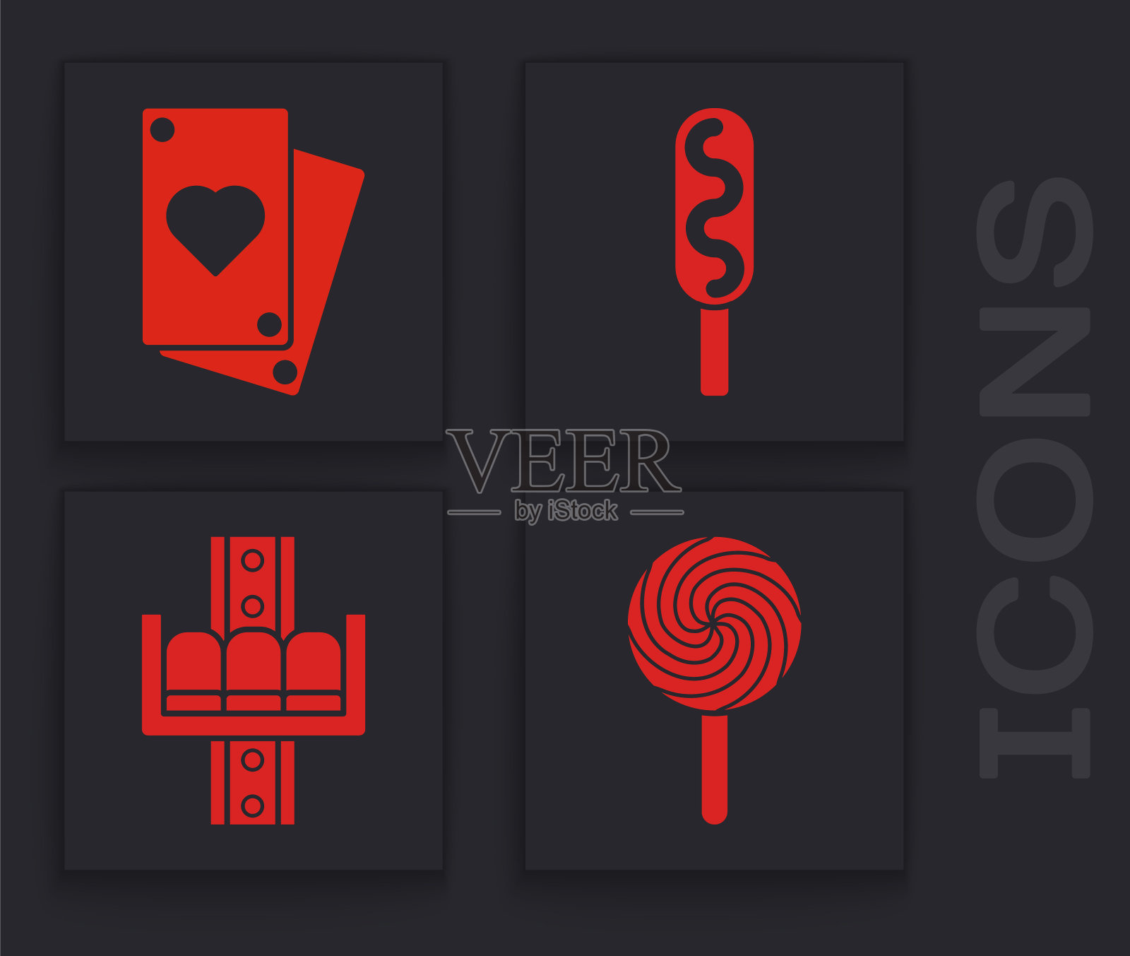 设置棒棒糖，扑克，玉米狗和吸引力旋转木马图标。向量图标素材