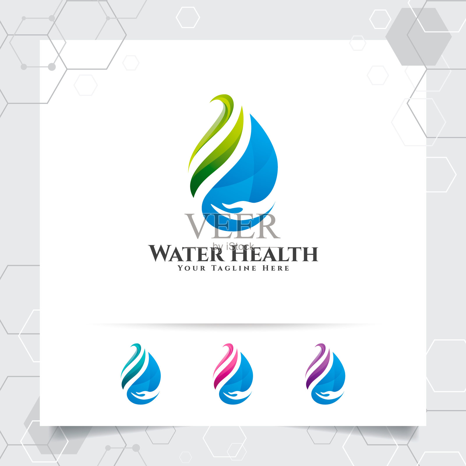 水滴图标设计的概念与绿色生态载体的水滴图标，用于矿泉水公司和管道。插画图片素材