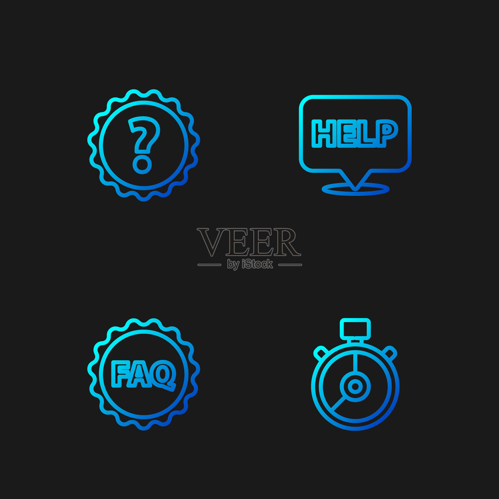 设置行秒表，标签与文本常见问题，问号和语音气泡帮助。渐变颜色图标。向量图标素材