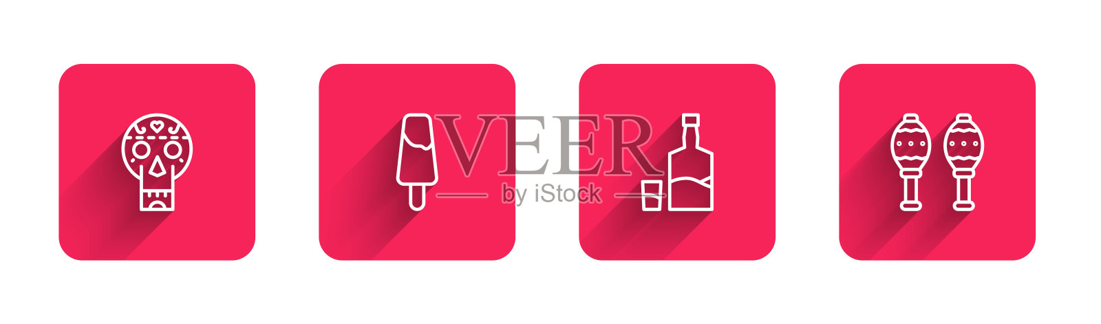 墨西哥头骨，冰棒冰淇淋，龙舌兰酒瓶和玻璃，还有长长的影子沙球。红场按钮。向量图标素材