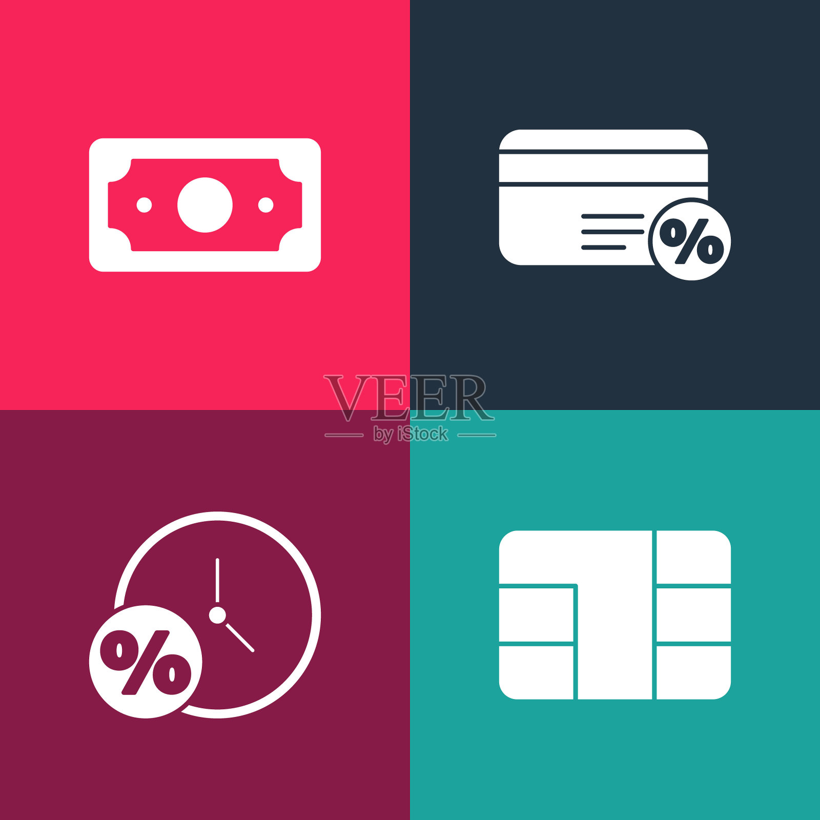 设置波普艺术信用卡芯片，时钟和百分比，折扣和堆栈纸钱现金图标。向量图标素材