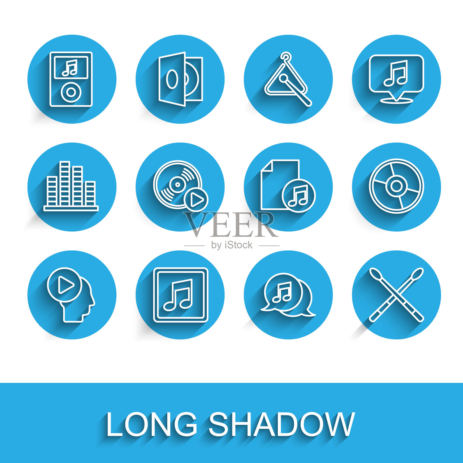 设置线头人播放按钮，音乐笔记，音调，播放器，音乐在语音气泡，鼓棒，光盘，CD或DVD和书的图标。向量插画图片素材