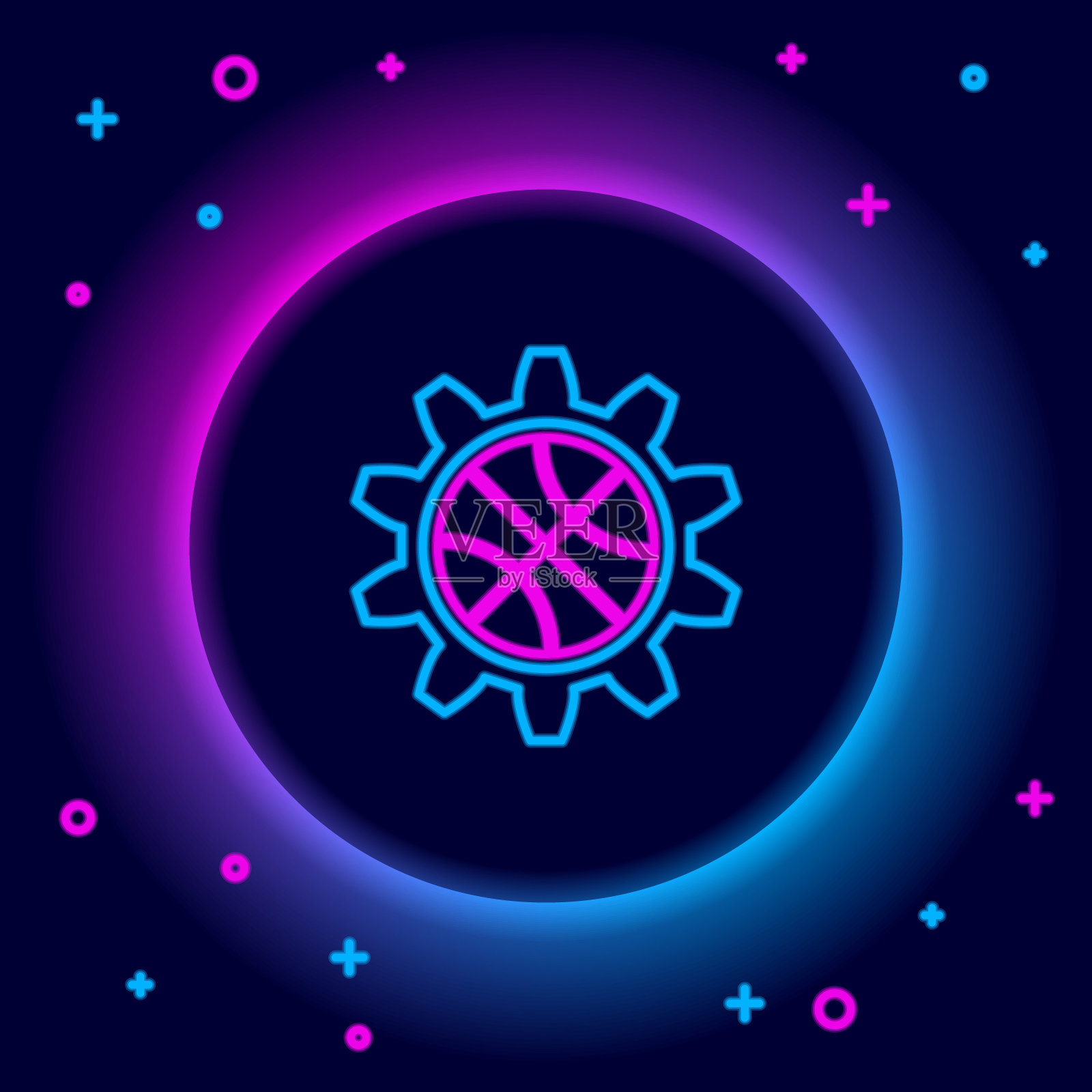 发光的霓虹灯线篮球奖图标孤立在黑色背景。色彩斑斓的轮廓的概念。向量图标素材