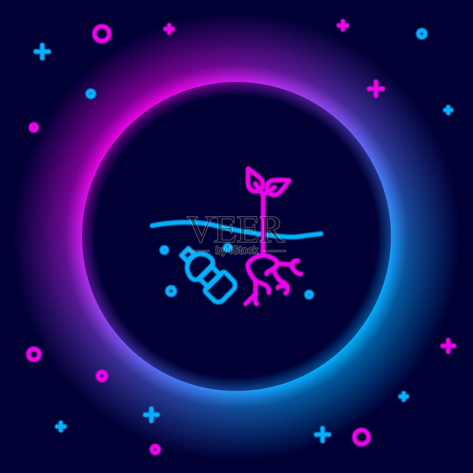 发光的霓虹线污染问题的星球图标孤立在黑色背景上。地球上的垃圾，塑料，袋子。色彩斑斓的轮廓的概念。向量插画图片素材