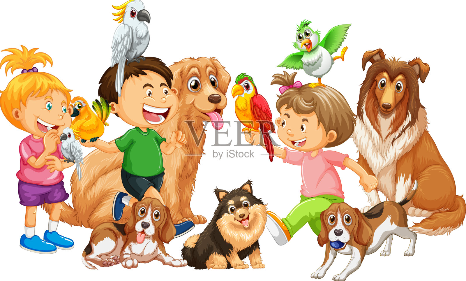 快乐的孩子和他们的动物玩耍设计元素图片
