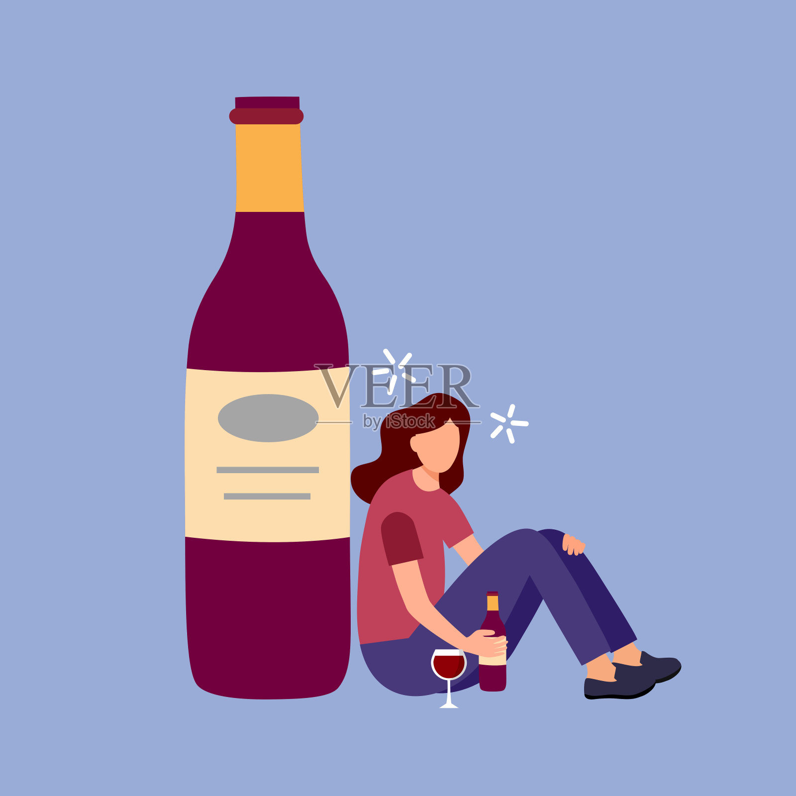 醉酒的女人坐在一个大的酒或威士忌酒瓶在平面设计。酒精的性格。酒精成瘾。插画图片素材