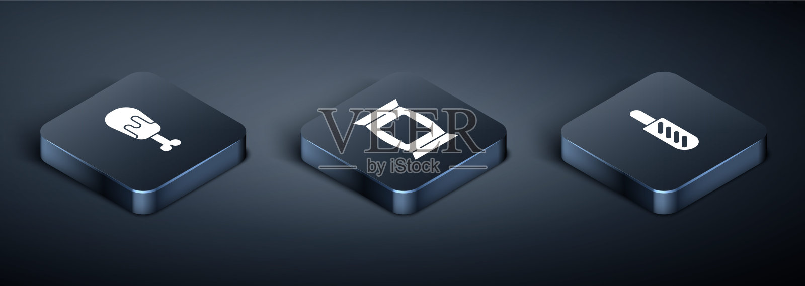 设置等距鸡腿，热狗三明治和袋或包薯片图标。向量图标素材