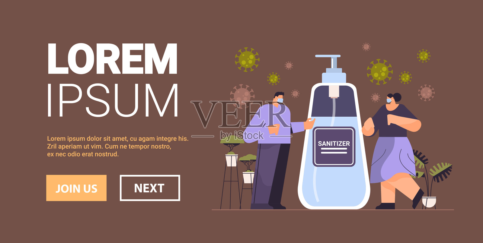 戴口罩的人使用抗菌喷雾消毒病毒细菌，阻止冠状病毒使用洗手液插画图片素材