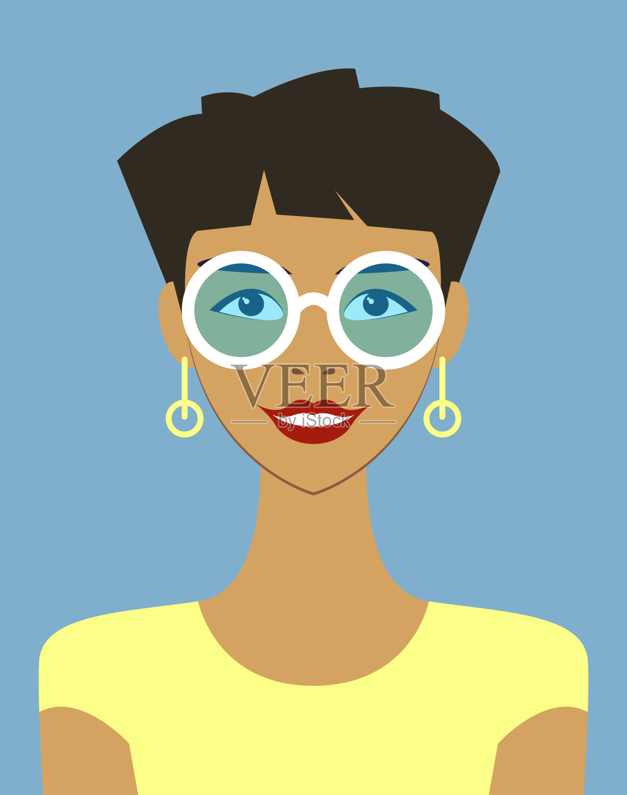 一个留着黑色短发，面带微笑的漂亮女人的化身插画图片素材