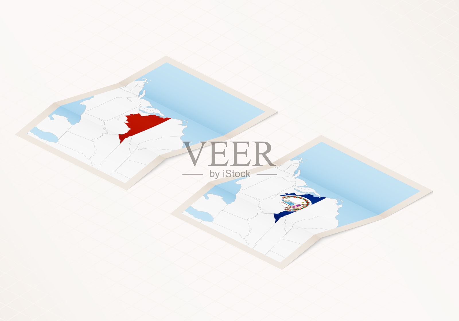 两种版本的折叠式弗吉尼亚地图，上面绘有弗吉尼亚的国旗，并用红色标出。插画图片素材